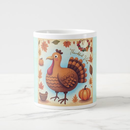 Thanksgiving,Thankful Vibes,Cute Turkey ジャンボコーヒーマグカップ (正面)