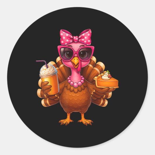 Thanksgiving Turkey Drinking Coffee Bow Pie Turkey ラウンドシール (正面)