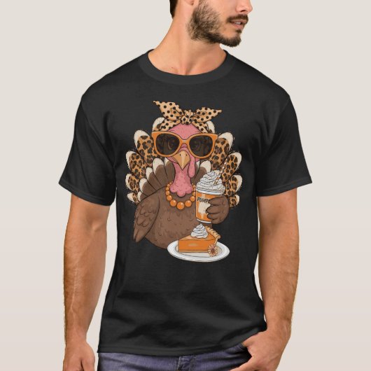 Thanksgiving Turkey Drinking Coffee Leopard   Tシャツ (正面)