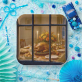 Thanksgiving Turkey Feast In Window ペーパープレート (パーティー)