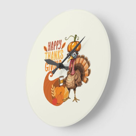 Thanksgiving Turkey with Pumpkin Hat ラージ壁時計 (傾斜)