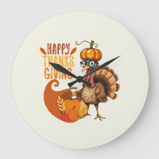 Thanksgiving Turkey with Pumpkin Hat ラージ壁時計