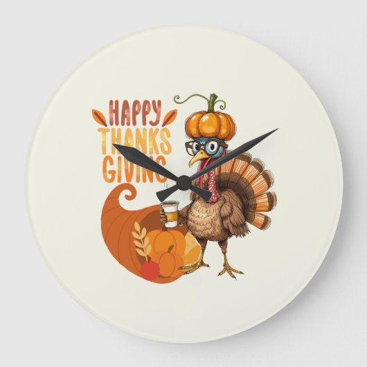 Thanksgiving Turkey with Pumpkin Hat ラージ壁時計 (正面)