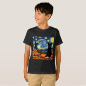 Thanksgiving Van Gogh Starry Night Black Cat Pumpk Tシャツ (正面フル)