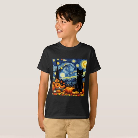 Thanksgiving Van Gogh Starry Night Black Cat Pumpk Tシャツ (正面フル)