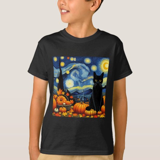 Thanksgiving Van Gogh Starry Night Black Cat Pumpk Tシャツ (正面)