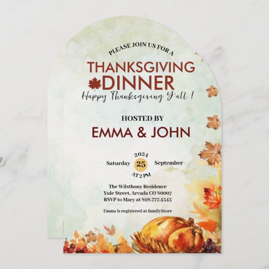 Thanksgiving Watercolor Leaves Fall Autumn Turkey  招待状 (正面/裏面)