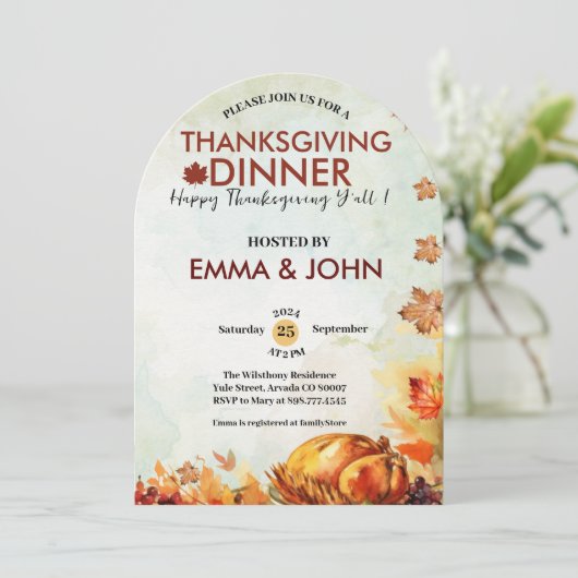 Thanksgiving Watercolor Leaves Fall Autumn Turkey  招待状 (スタンド正面)