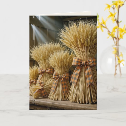 Thanksgiving Wheat Bundles Tied With Plaid Ribbon カード (黄色い花)