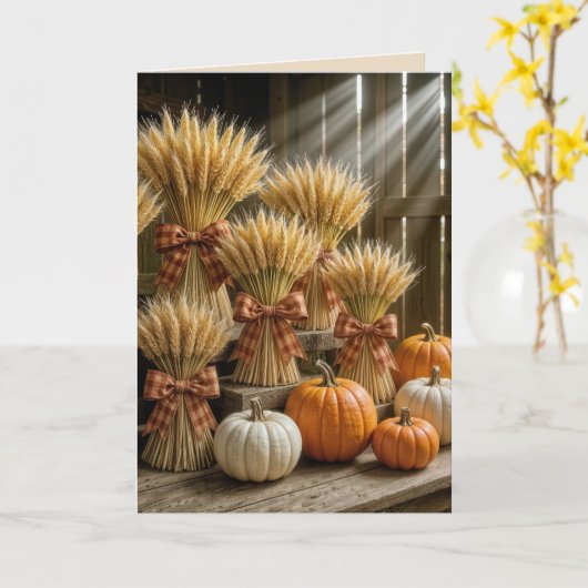 Thanksgiving Wheat Sheaves In Barn With Pumpkins カード (黄色い花)