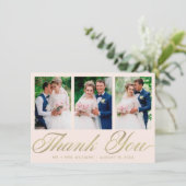 Thans 結婚 Thank You 3フォトコラージュ赤面金ゴールド サンキューカード (スタンド正面)