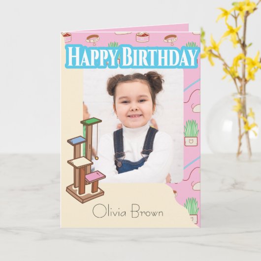 That Cat Life誕生日写真と文字ピンクカード カード (黄色い花)