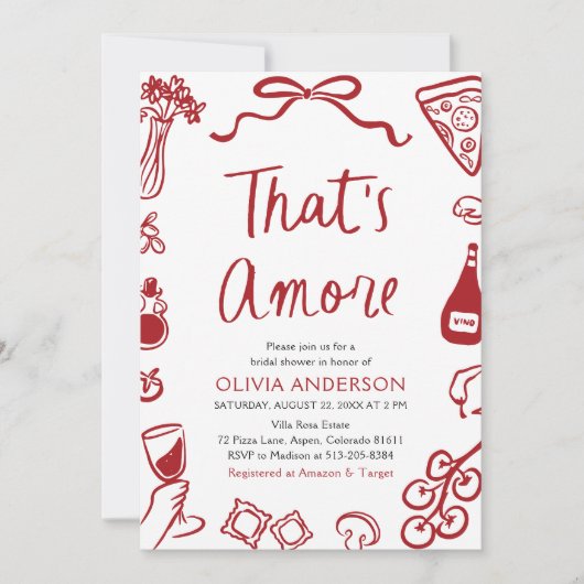 That's Amoreという愛らしいイタリアンピザのテーマの結婚前お披露目パーティー 招待状 (正面)