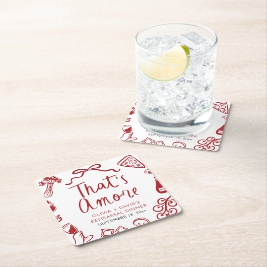 That's Amore イタリアンレッド ピザのリハーサルディナー スクエアペーパーコースター (インサイチュ)