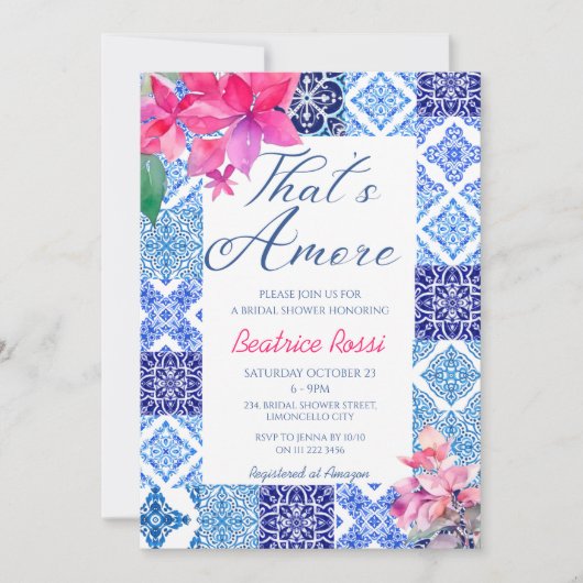 That's Amore ブルー タイル フラワーブライダルシャワー 招待状 (正面)