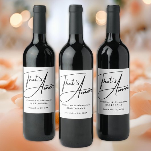 That's Amore! Elegant Black Script Wedding ワインラベル