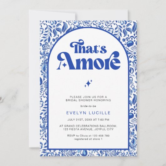 That's Amore Italian Blue Tile Retro Bridal Shower 招待状 (正面)
