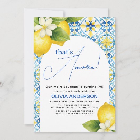 That's Amore Italian Lemon Blue Tile Birthday 招待状 (正面)