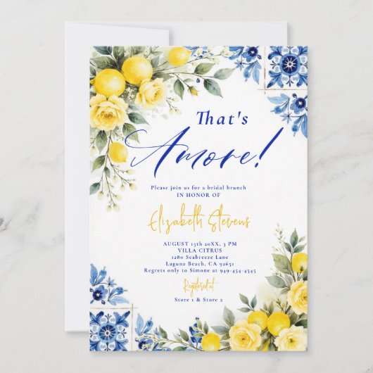 That's Amore Lemon Blue Frame Roses Bridal Shower  招待状 (正面)