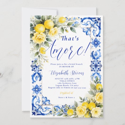 That's Amore Lemon Blue Tile Floral Bridal Shower  招待状 (正面)