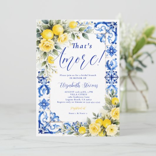 That's Amore Lemon Blue Tile Floral Bridal Shower  招待状 (スタンド正面)