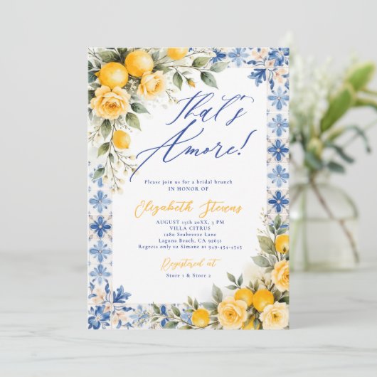 Thats Amore Lemon Blue Tile Italian Bridal Shower  招待状 (スタンド正面)