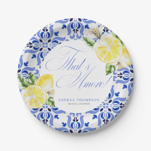That's Amore Lemon Italian Blue Tile Bridal Shower ペーパープレート (正面)