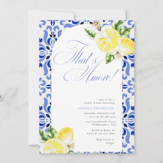 That's Amore Lemon Italian Blue Tile Bridal Shower 招待状 (正面)
