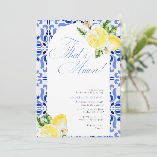 That's Amore Lemon Italian Blue Tile Bridal Shower 招待状 (スタンド正面)