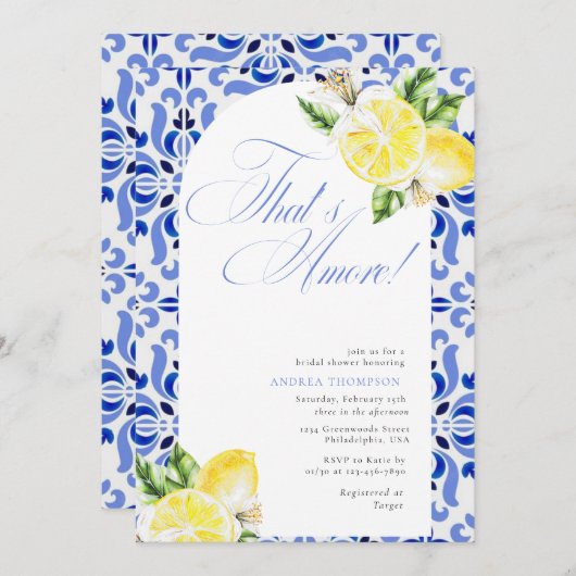 That's Amore Lemon Italian Blue Tile Bridal Shower 招待状 (正面/裏面)