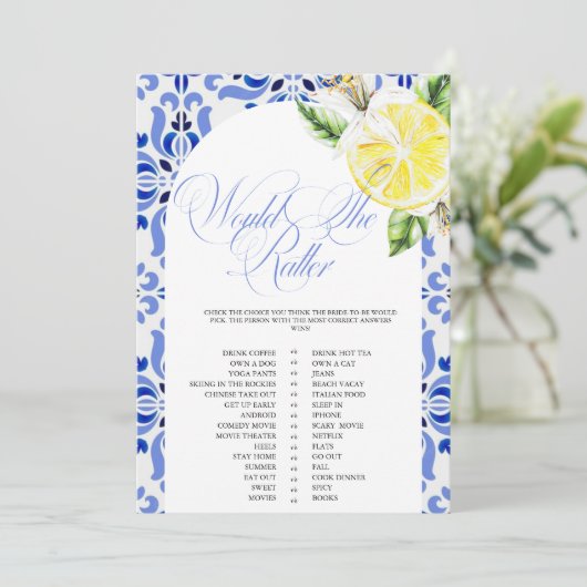 That's Amore Lemon Italian Blue Tile Bridal Shower 招待状 (スタンド正面)