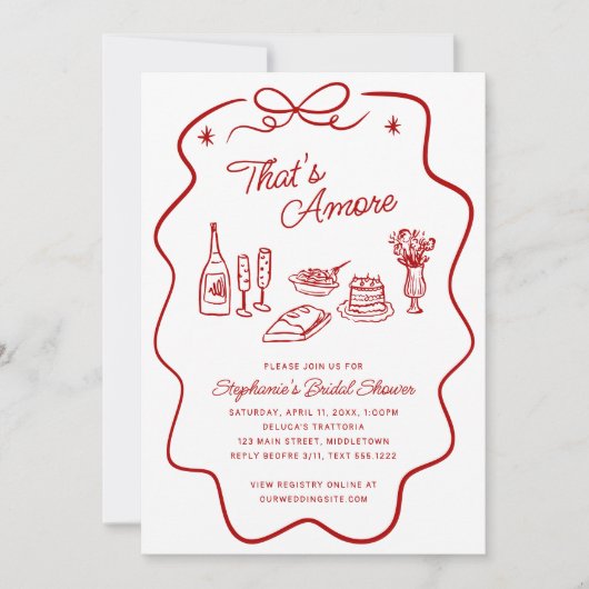 That's Amore Red Doodle Frame Bridal Shower 招待状 (正面)
