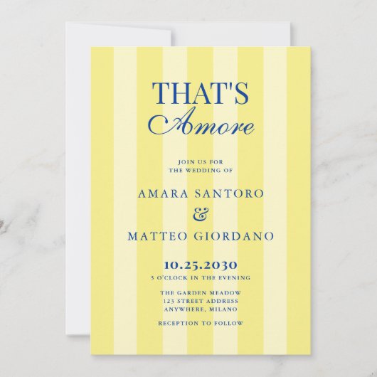 That's Amore Striped Blue & Yellow Wedding 招待状 (正面)