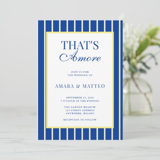 That's Amore Striped Blue & Yellow Wedding 招待状 (スタンド正面)