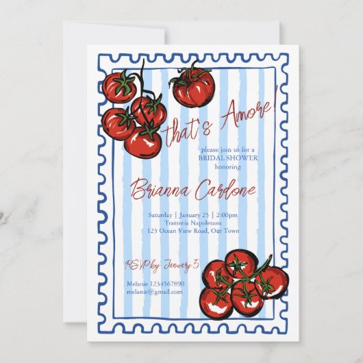 That's amore tomato blue Italian bridal shower 招待状 (正面)