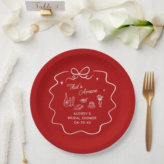 That's Amore, White Doodle Personalized Red ペーパープレート (ウェディング)