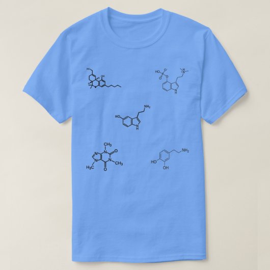 THCサイロシビンカフェインセロトニンのドーパミン分子 Tシャツ (デザイン正面)