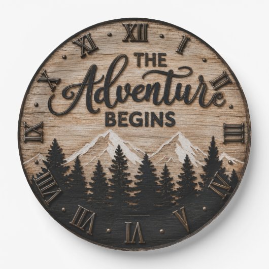 The Adventure Begins Rustic Mountain Cabin ペーパープレート (正面)