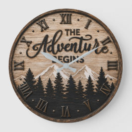 The Adventure Begins Rustic Mountain Cabin ラージ壁時計
