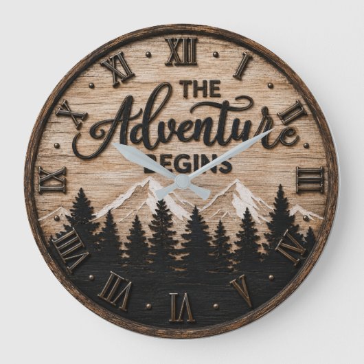 The Adventure Begins Rustic Mountain Cabin ラージ壁時計 (正面)