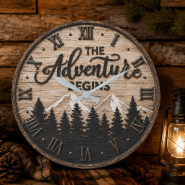 The Adventure Begins Rustic Mountain Cabin ラージ壁時計