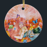 The Afternoon セラミックオーナメント<br><div class="desc">Everything is pink and warm tones from the background to the young lady hair,  pink sky,  pink tulips,  stufftoys and etc 
Art title: The Afternoon
Medium: Mix Media (watercolor,  acrylic,  and colored pencils on watercolor paper camvas)
Size: 12 x 18 inch
Date: January 19,  2022</div>