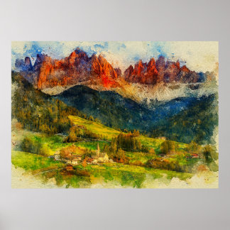 The Alps Alpine Mount - Watercolor Splash Painting ポスター