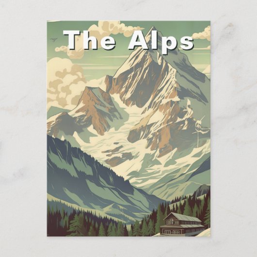 The Alps Retro Travel Skiing Mountain Lodge ポストカード (正面)