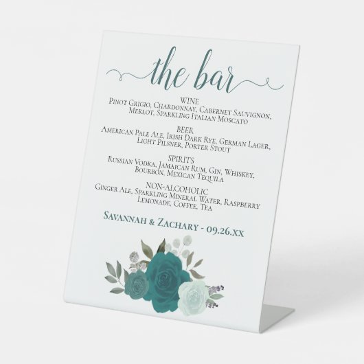 The Bar - ティール&アクアローズドリンクメニュー ウェディング 台座サイン (正面)