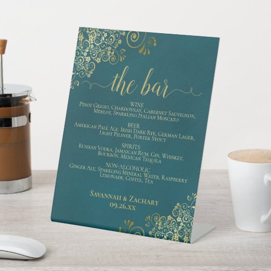 The Bar - Dark Teal & Gold Drinks Menu Wedding 台座サイン (インサイチュ)