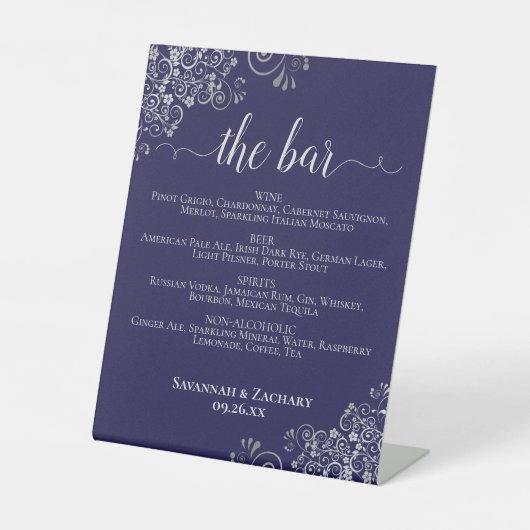 The Bar - Navy Blue & Silver Drinks Menu Wedding 台座サイン (正面)