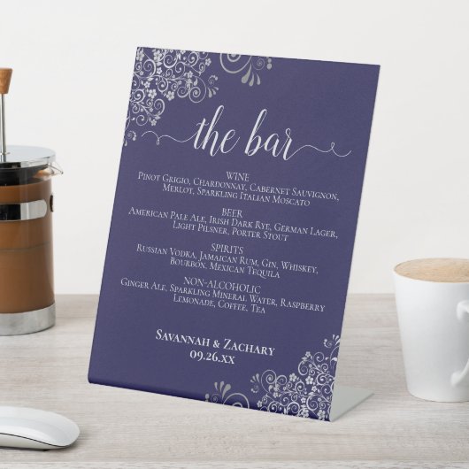 The Bar - Navy Blue & Silver Drinks Menu Wedding 台座サイン (インサイチュ)