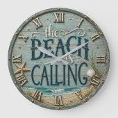 The Beach Is Calling Rustic Beach House Ocean ラージ壁時計 (正面)