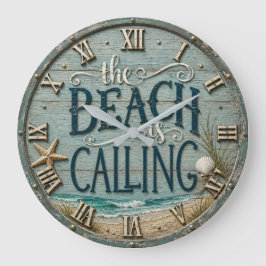 The Beach Is Calling Rustic Beach House Ocean ラージ壁時計